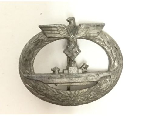 WW2 Third Reich U-Boot-Kriegsabzeichen. U Boat war badge in zink. Some light traces of the original gilt finish remaining. No