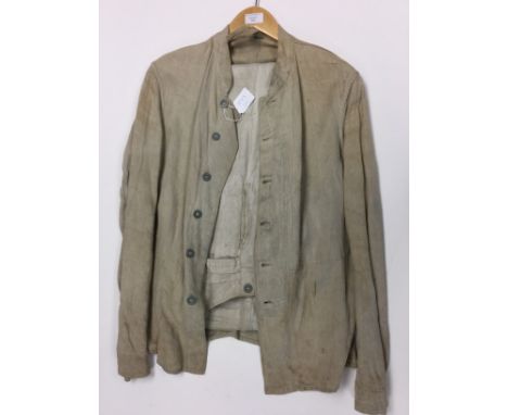 WW1 Imperial German Army Fatigue HBT drill uniform. Unit marked "2GR" to interior. Along with a pair of HBT Fatigue trousers.