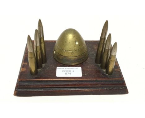 WW1 Ottoman Turkish Trench Art desk trophy in the form of a very stylised Mosque. An inert shell fuze forming the dome with i