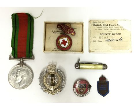 WW2 British Defence Medal with ribbon, Enamel Derbyshire Air Raid Welfare lapel badge (a/f chip to enamel) Enamel Civil Nursi