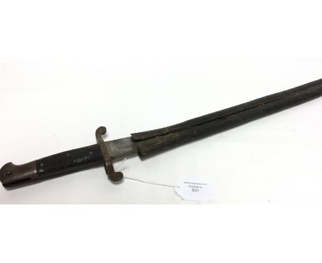 British Pattern 1856 "2-Band" Enfield Sword Bayonet. 58cm long blade. No markings. Complete with scabbard, but a/f.