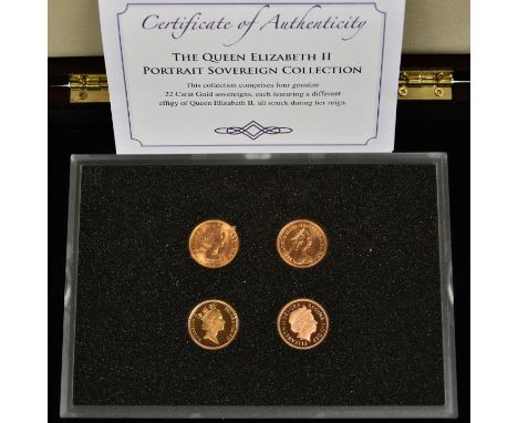 "The Queen Elizabeth 4 Coin Portrait Sovereign collection" in wooden case with certificate.