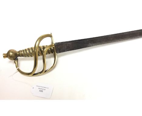 A brass hilted Sword with guard marked "Essex N ER" and "57". 63cm single edged blade with fuller. No scabbard.