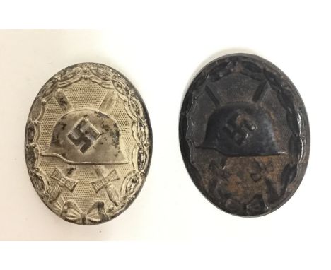 WW2 Third Reich Verwundetenabzeichen. 1939 pattern Wound Badge in Silver. Maker marked "92" to reverse. And a 1939 pattern Wo