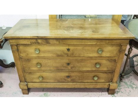 COMMODE, early 19th century Restauration cherrywood with three long drawers, 58cm x 88cm H x 131cm.