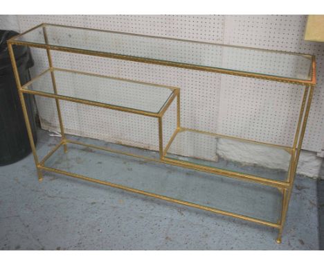 CONSOLE TABLE, gilt metal with four glass tiers, 76cm H x 122cm x 26cm.