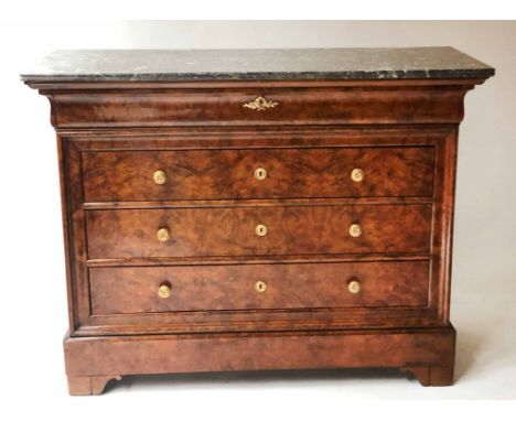 COMMODE, 19th century French, Louis Philippe, burr walnut and gilt metal mounted, with four long drawers and St. Annes varieg