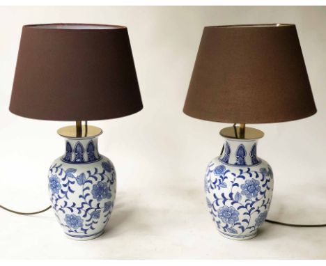 TABLE LAMPS, a pair, blue and white Chinese ceramic vase form with shades, 60cm H. (2)