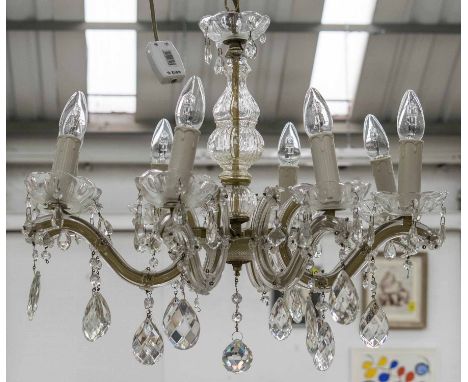 CHANDELIER, glass with eight branches and faceted hanging pendants, 59cm W x 51cm H excluding chain. (some losses)