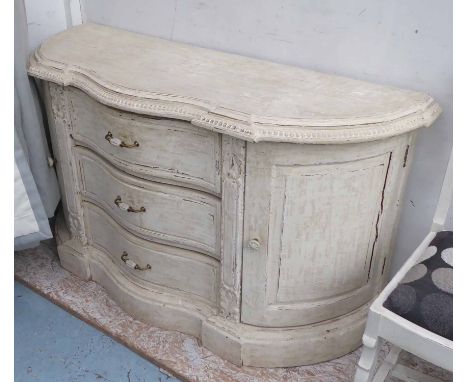 COMMODE CABINET, in a white painted distressed finish of serpentine form, 137cm W x 48cm D x 75cm H. 