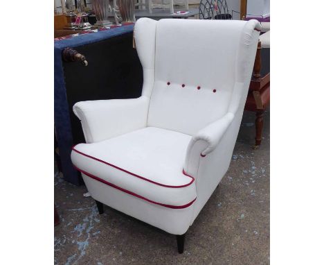 WING BACK ARMCHAIR, 1960's Italian style white with red button and piping detail, 100cm x 84cm W.