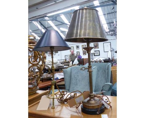 LAMP, after W.A.S. Benson on a triform base 50cm H and a Nicholas Haslam brass lamp with a metal shade, 59cm. (2)