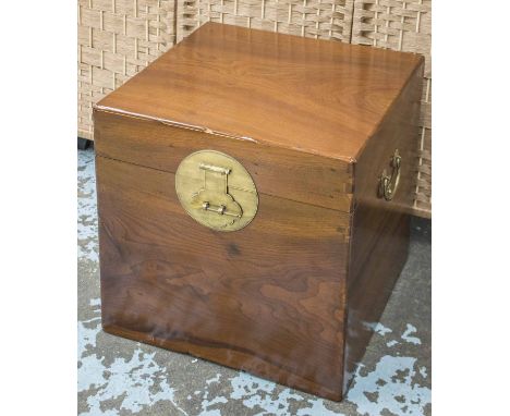 BOX TRUNK, Chinese camphorwood with hinged top and brass side handles, 47cm H x 47cm x 47cm. (with faults)