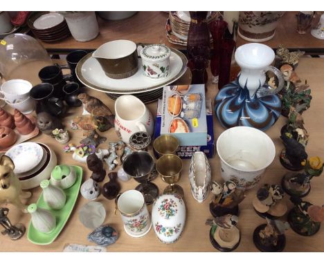 Tea ware, collection animal ornament including Poole Pottery owl, glass ware, metal items and sundries