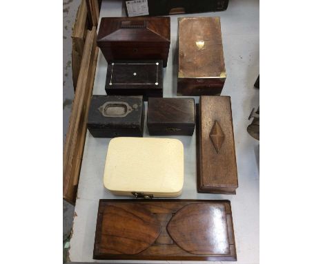 Rosewood tea caddy, olive wood bookslide, jewellery boxes and others