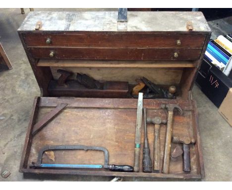 Antique pine fold out tool box containing various hand tools