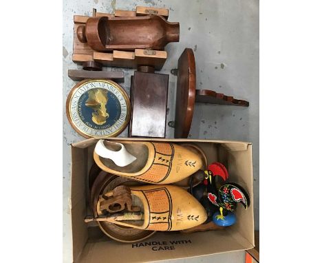 Wooden cannon wine bottle holder, pair of clogs, wall bracket and other treen