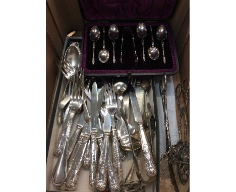 Silver handled cutlery, other plated flatware and silver plated set of six Apostle spoons and pair sugar tongs in fitted case