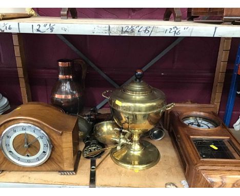 Assorted brassware and metalware, including a brass urn, Indian and Egyptian items, and other items to include two clocks, a 