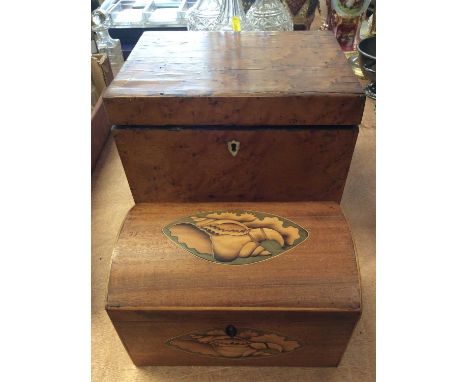 19th Century tea caddy with inlaid decoration together with another maple veneered tea caddy (2)