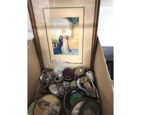 Two travelling inkwells, miniature chamber sticks, group of portrait miniatures, pair of Baxter prints and sundries