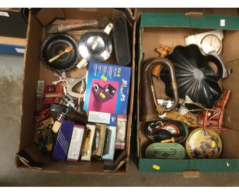 Sundry items, including a copper bugle, antique lacquered dust pan and dishes, model cars, etc