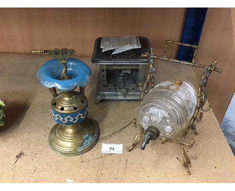 Unusual late 19th C. Perfume dispenser in the form of a barrel with enamel decoration together with a smokers stand a burner