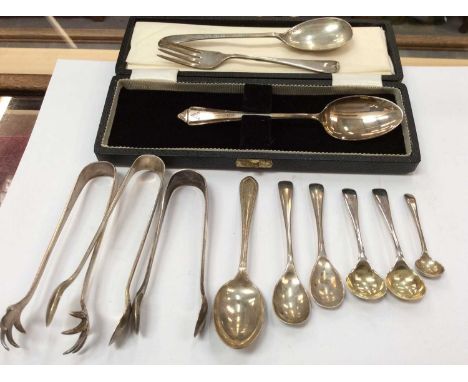 Silver teaspoon in fitted case together with various silver flatware items