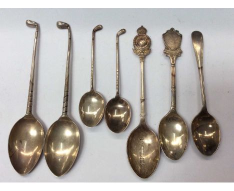 Four silver golfing spoons, The Royal Automobile Club silver spoon and two other silver teaspoons