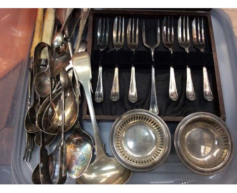 Pair American sterling silver bon bon dishes, together with group plated flatware
