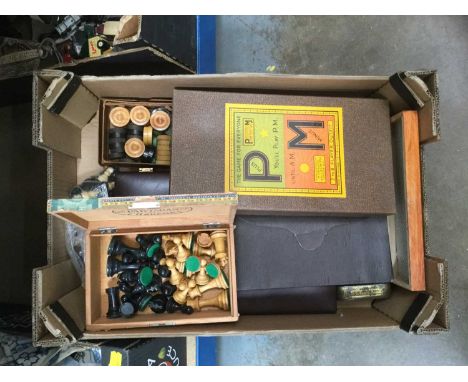 Box of vintage games including chess sets, draughts, backgammon, cards, cribbage, etc