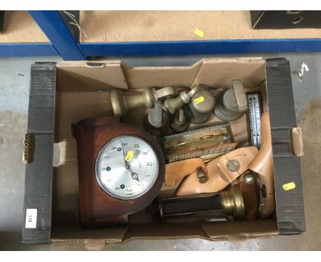 Sundry items, including a set of brass weights, brass letter rack, miners lamp, Smiths Enfield clock, etc