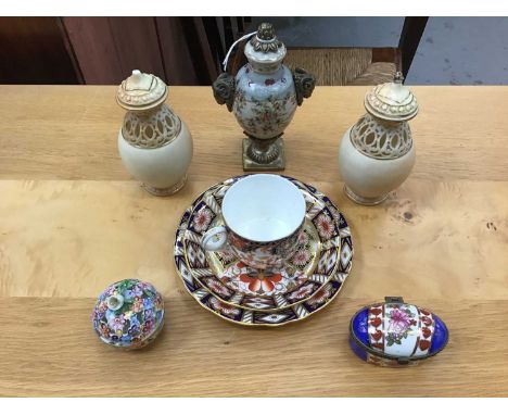 Selection of decorative china to include Royal Crown Derby teacup and saucer, together with Herend floral potpourri scent tri