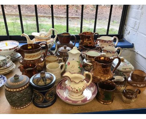 Collection of mostly 19th century ceramic jugs, teapots, etc, including Doulton Lambeth, copper lustre wares, Spode, etc