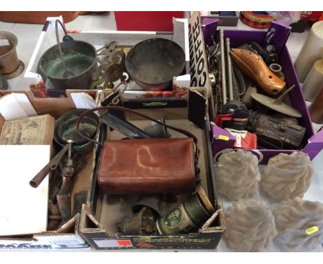 Group metal ware, cast iron money box, sundial, pair field glasses, light shades and other items