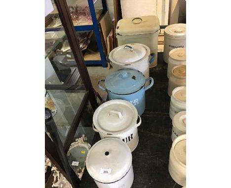 Group of five Vintage enamel storage bins, including flour, bread and sugar