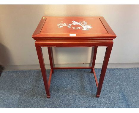 Chinese hardwood occasional table with mother of pearl inlaid decoration depicting birds on a branch 51cm x 35cm