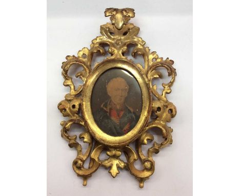 19th century printed portrait miniature of the Duke of Wellington in carved gilt scrolling Neapolitan frame