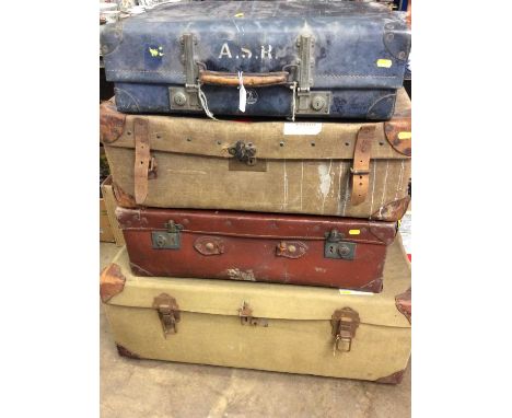 Early 20th century canvas and leather trunk and three other vintage suitcases
