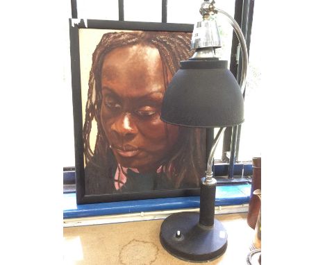 1950s retro desk lamp and an oil on board portrait 