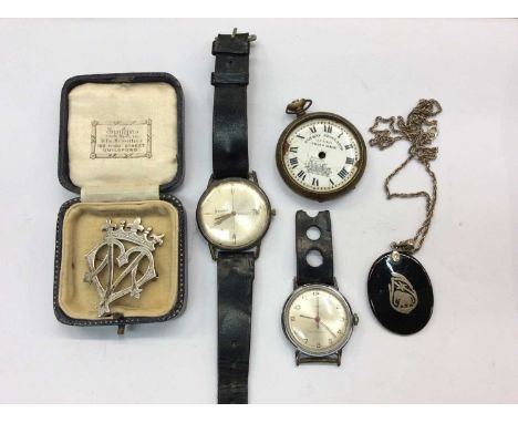 Silver monogram brooch, silver mounted pendant on chain, Railway pocket watch and two vintage wristwatches - Accurist and Tim