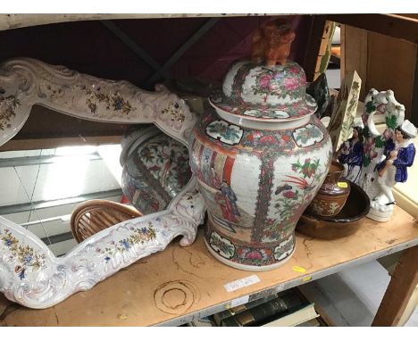 Staffordshire ornament, ceramic framed mirror, Carlisle tea ware, large Chinese jar and lid plus other ceramics