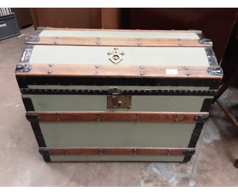 Green painted iron and wooden bound dome top trunk