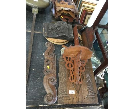 Pine wall bracket together with carved oak fragments and other antique carving