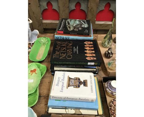 Selection of antique referencing books, including the Art of Netsuke Carving, Sotheby's sale catalogue 'Netsuke from the Bush