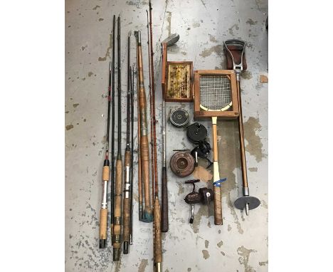 Shooting stick, golf club, tennis racket and fly fishing rods, reels and flies