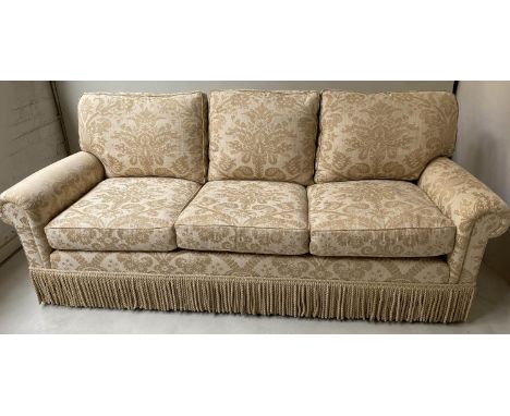 SOFA, Howard style, three seater, with scroll arms and frieze, ivory moire brocade upholstery, 212cm W. 