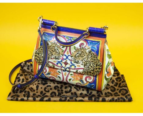 DOLCE AND GABBANA SICILY BAG, maiolica and animal print, top handle, removable shoulder strap, bottom feet, two snap fastenin