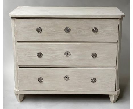 COMMODE, 19th century Gustavian style grey painted with three long drawers, 103cm x 86cm H x 52cm. 