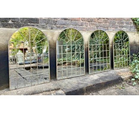 ARCHITECTURAL GARDEN MIRRORS, four, 77cm x 49cm aged metal frames. (4) 